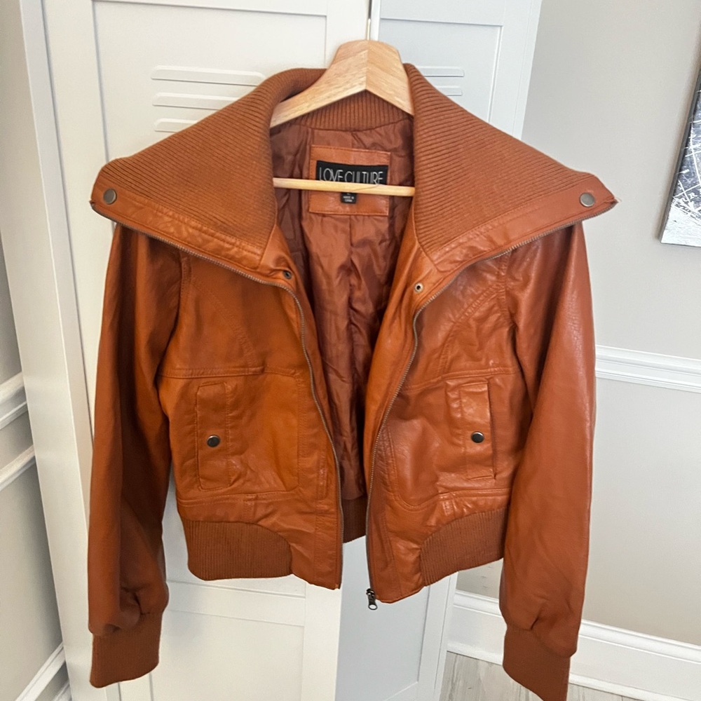 Brown Faux Leather Bomber Jacket Y2K Casual Chic Size Large